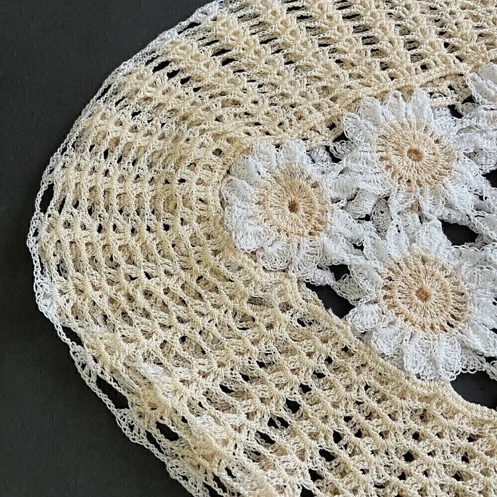 Hand Crocheted Oval Lace Peach Doilies Centerpiece Doily Floral Vintage Lot of 3